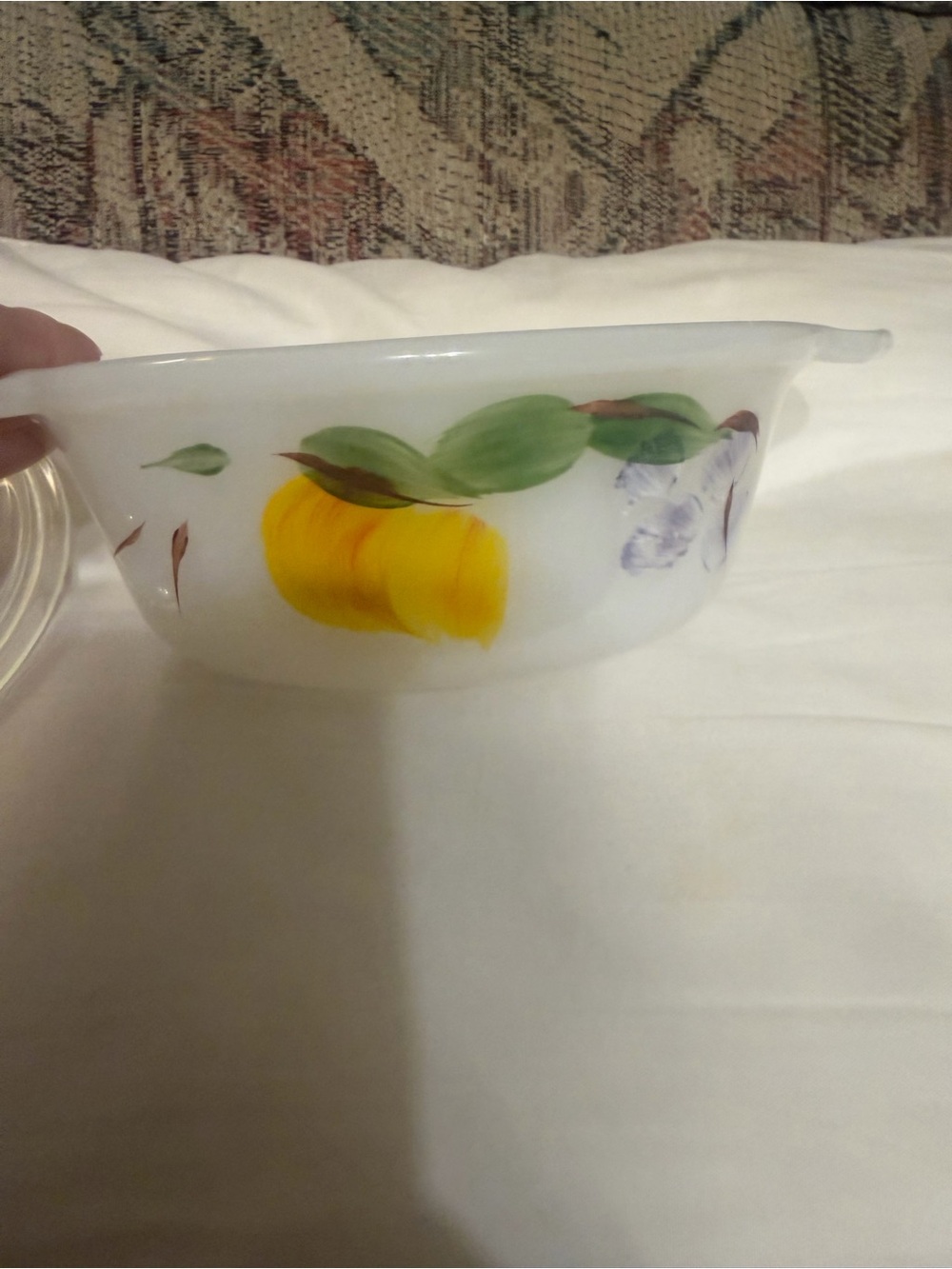 Vintage Anchor Hocking Milk Glass Casserole Dish with Yellow Fruit Design